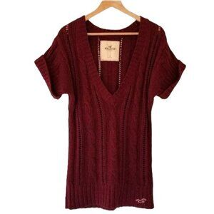 Hollister Open Knit Pullover V Neck Maroon Short Sleeve Sweater Dress Size Small